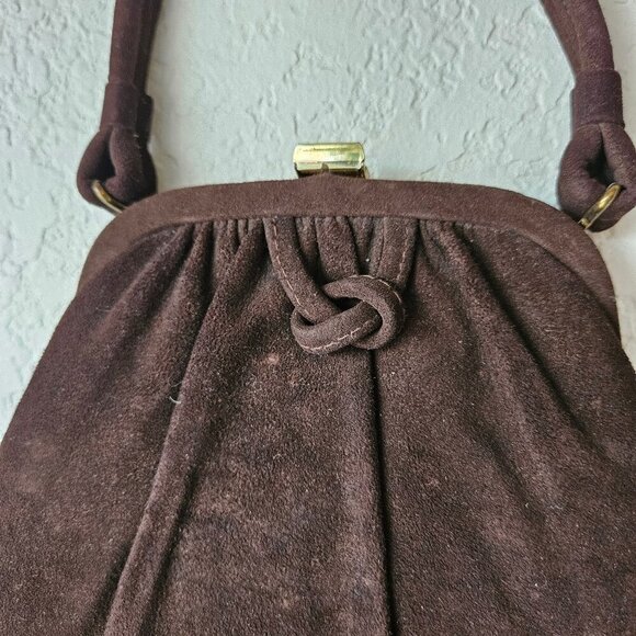 Vintage 30s 40s Brown Gathered Suede Leather Art Deco Handbag Frame Purse - Picture 2 of 7